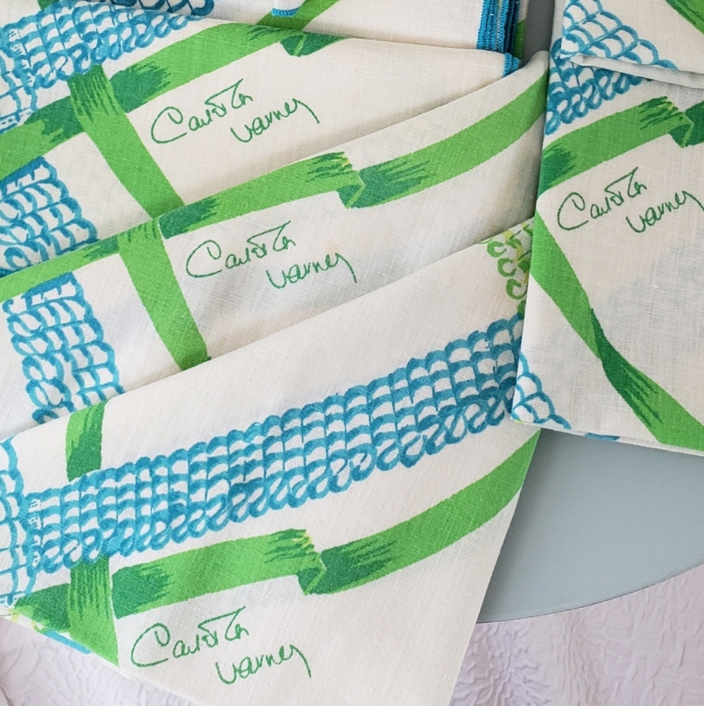Carleton Varney Designer Vintage Napkins "Set Of 12" White Turquoise Green Sq… - Picture 4 of 16